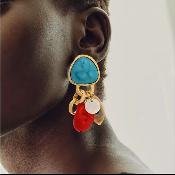 New ZARA  Gold and Turquoise Stone Dangle Charm Earrings - Picture 3 of 11